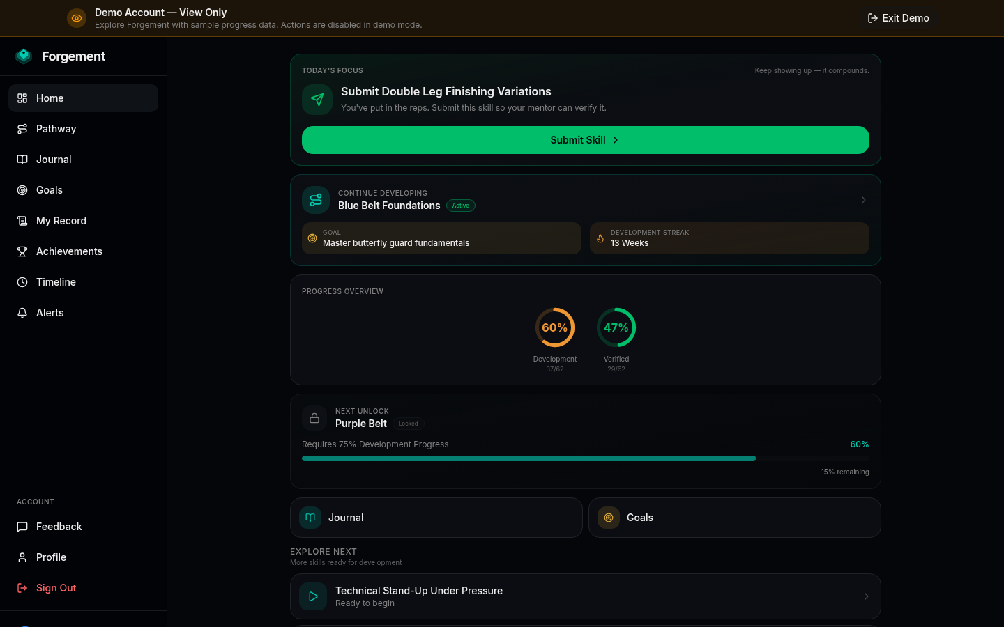 Forgement practitioner dashboard showing today's focus, development streak, and verified progress rings