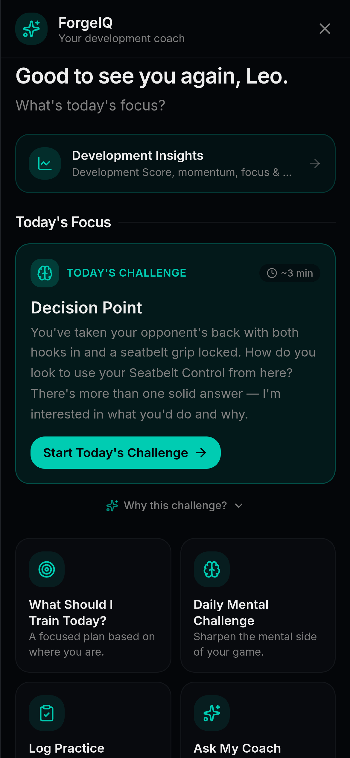 The ForgeIQ coach suggesting a recommended skill, a daily mental challenge, and an insight based on the member's activity
