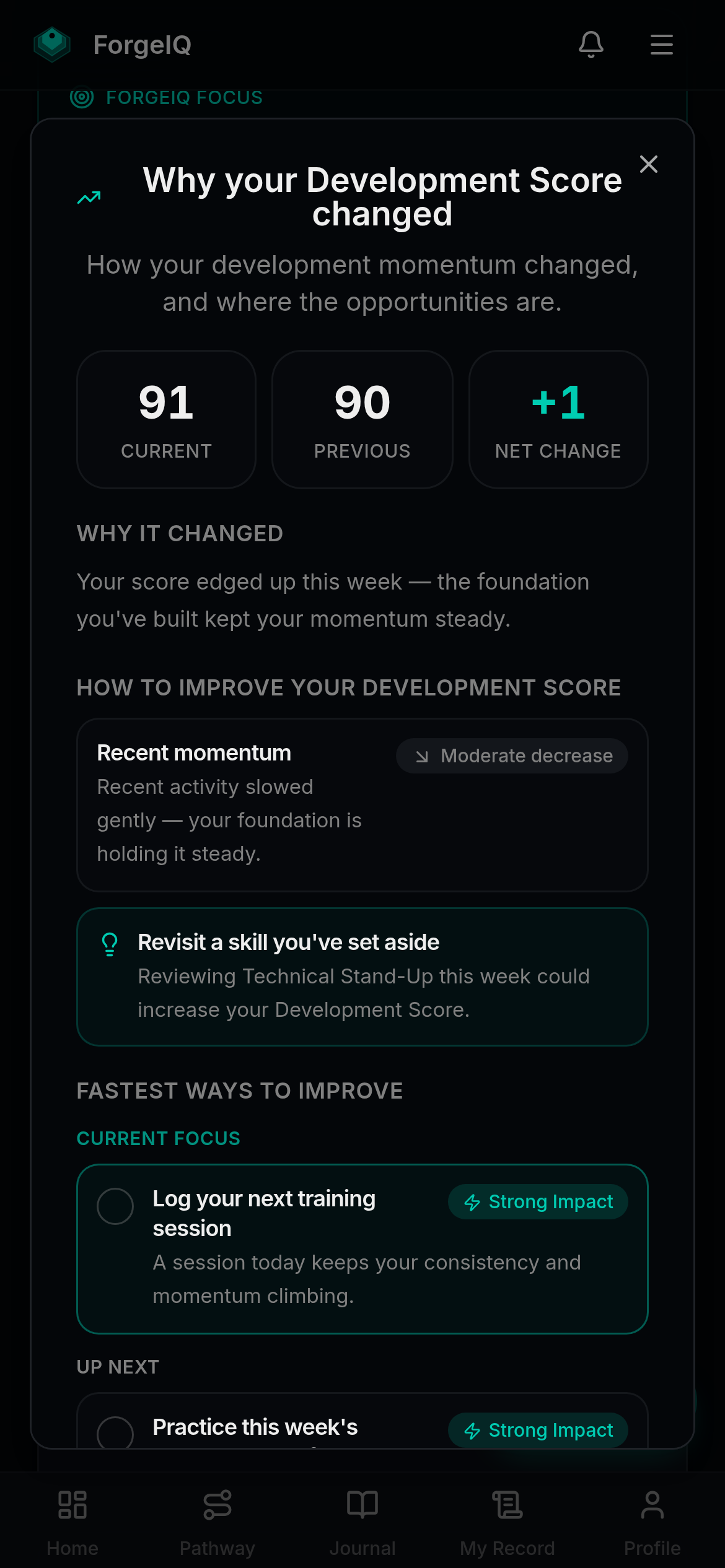 ForgeIQ transparency panel explaining why a member's Development Score changed, showing the current score, previous score, and net change