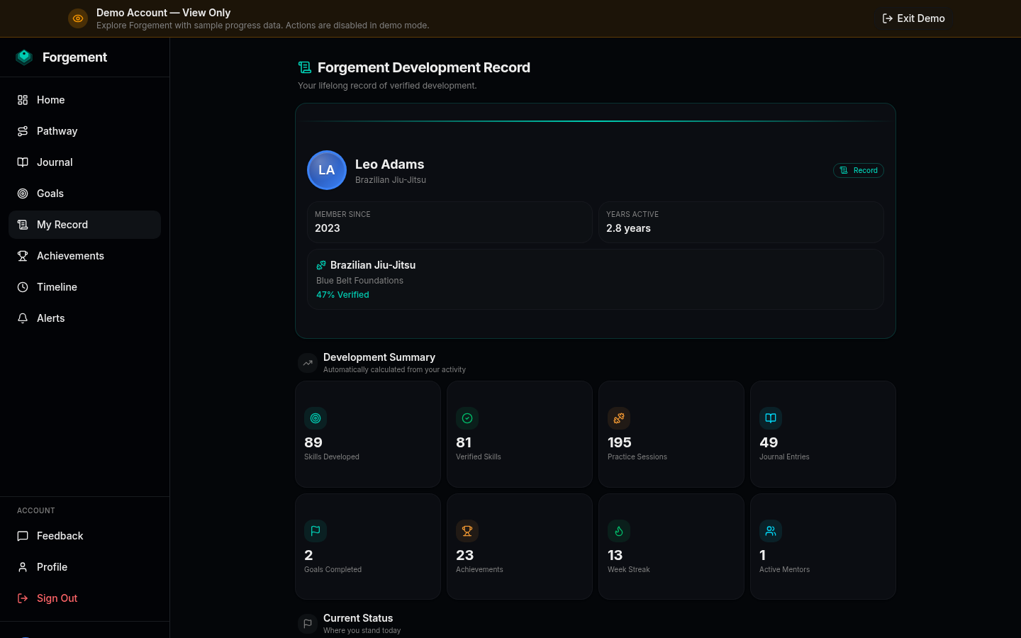 Forgement Development Record showing a member's verified skills, practice sessions, journals, achievements, and development summary