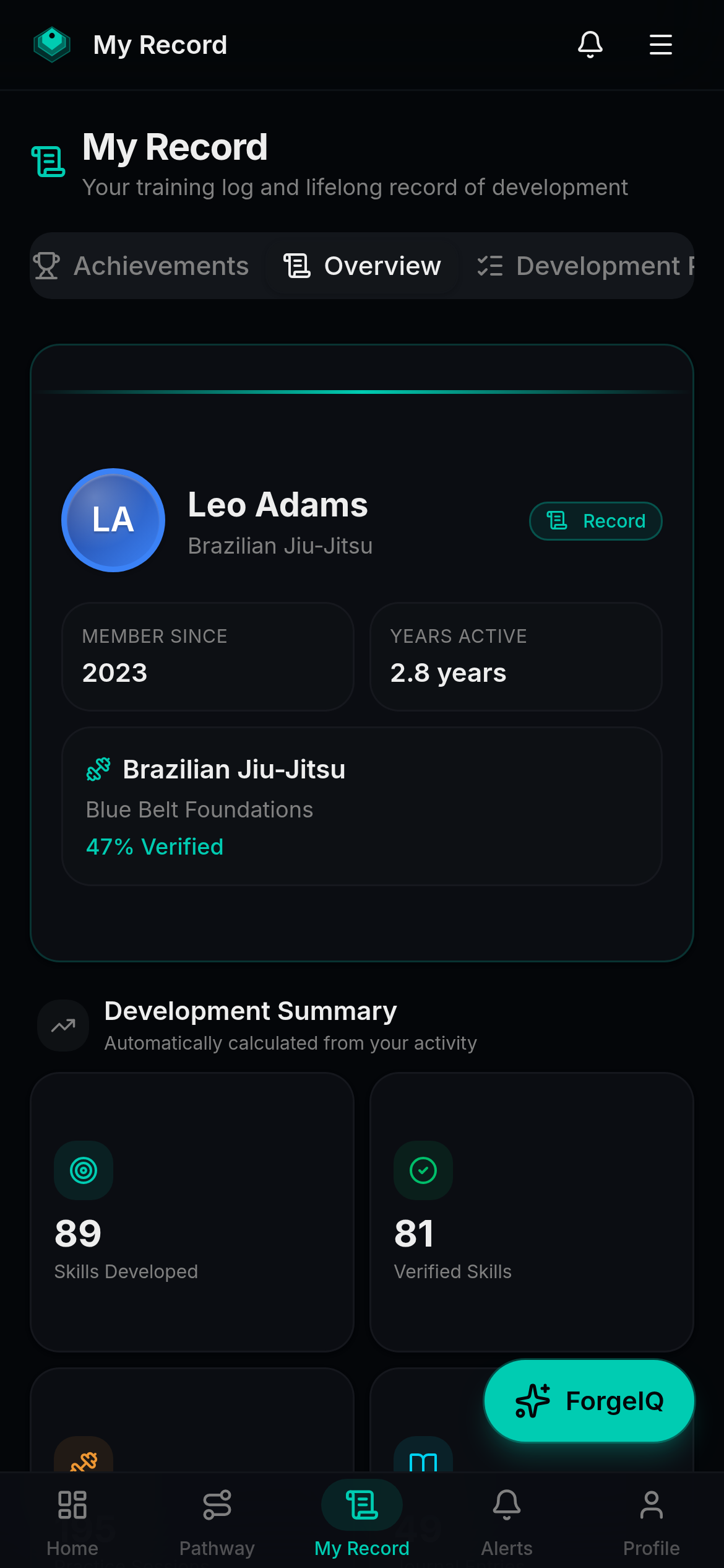 Forgement Development Record showing a member's verified skills, practice sessions, journals, achievements, and development summary